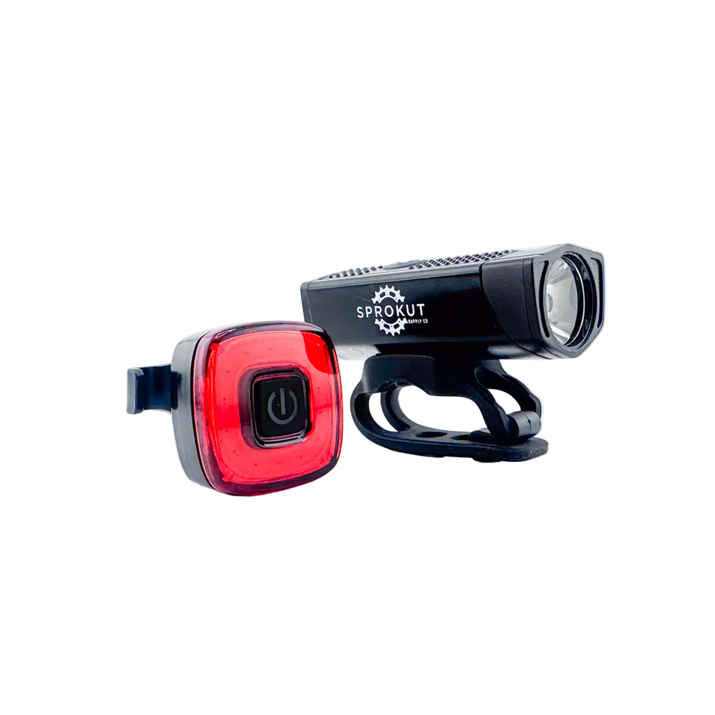 Bicycle lights with SPROKUT branding on a white background