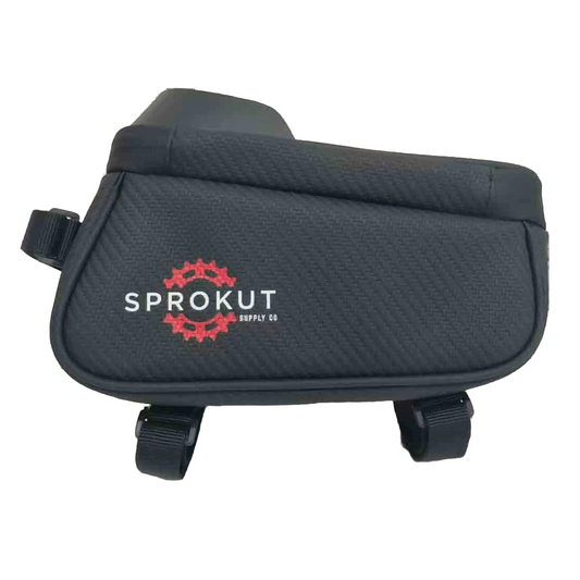 Black bike frame bag with Sprokut logo on a white background