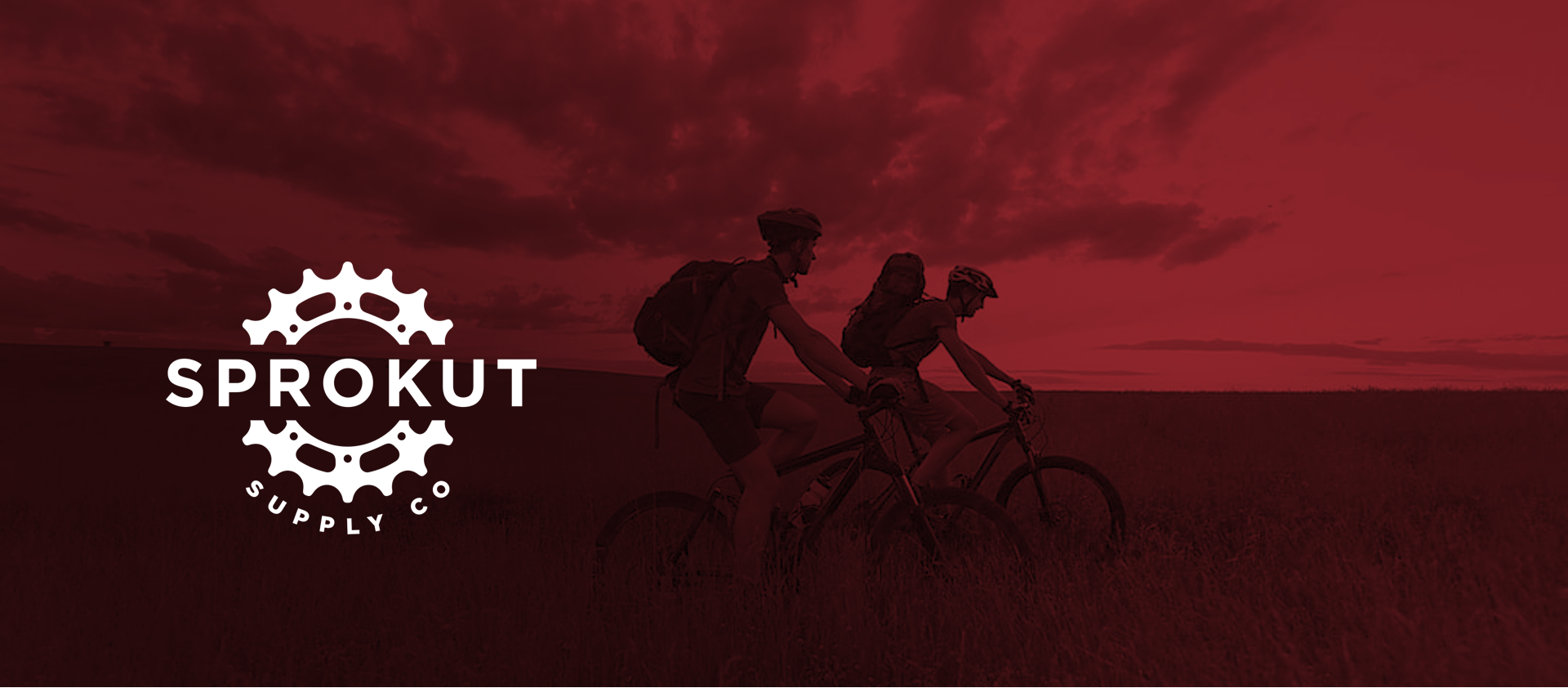 Two people on bicycles with a red sky and 'Sprokut Supply' logo.